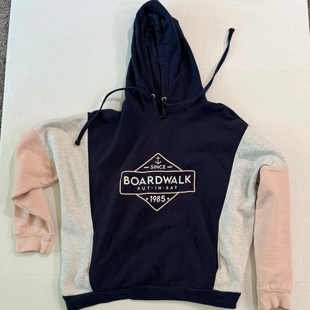 Boardwalk Put-in-Bay Anchor Logo Color Block Hoodie Size S Pink Navy